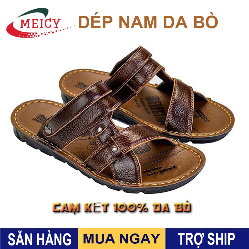 Dép nam da bò thật MEICY, dép nam da bò đế được làm bằng cao su non chống nước tốt, phần đế của dép nam da bò được thiết kế các rãnh tạo sự đàn hồi giúp người mang dép nam da bò chống trơn trượt  và đi êm chân - DEP089(01)