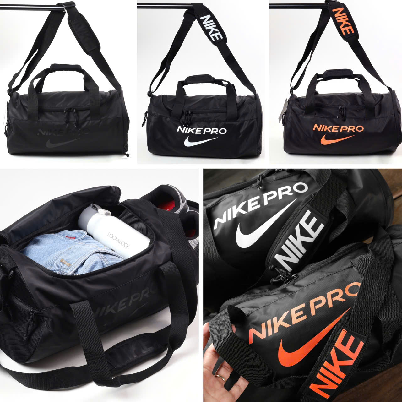 Túi trống Nike Pro chất liệu vải mềm, mịn, chống nước nhẹ túi tập gym, du lịch rất tiện dụng, có NGĂN ĐỰNG GIÀY bên hông túi thể thao năng động màu đen cam nam nữsize 42 x 23 cm