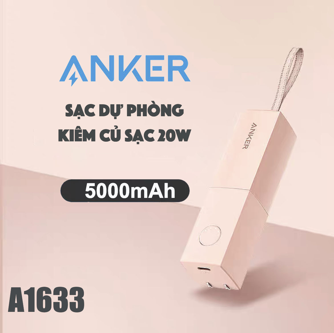 Sạc dự phòng kiêm củ sạc 2 in 1 Anker A1633 PD 20W 5000mAh,1 Cổng Type C Sạc Nhanh 20W,Cho iPhone 15 Pro Max 14 Pro 13 Plus 12 Pro 11 Xs 8P 8 iPad vv