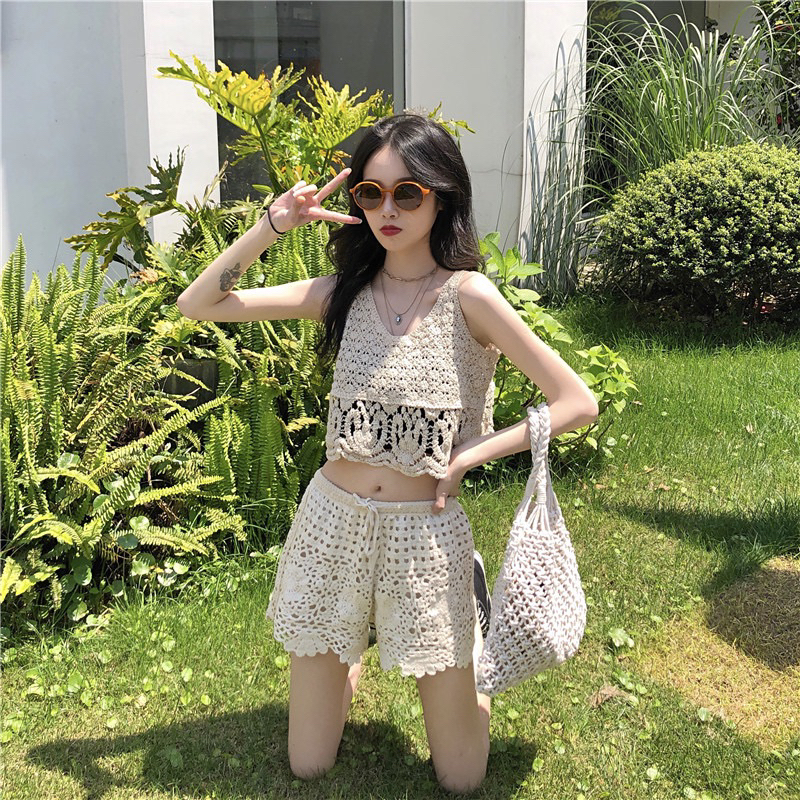 Set ren bikini vintage đi biển gồm 2 món bra và sooc