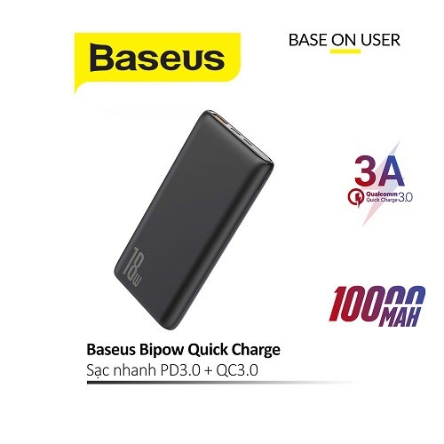 Pin dự phòng sạc nhanh 3A Baseus Bipow dung lượng 10000mAh chất liệu cao cấp hỗ trợ đèn Led phát sáng cho Smartphone