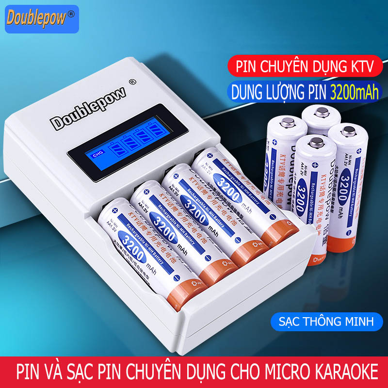 Bộ sạc thông minh K98 kèm pin KTV AA 3200mAh (pin chuyên dùng Micro - Karaoke) chính hãng Doublepow - số lượng pin theo phân loại khách chọn