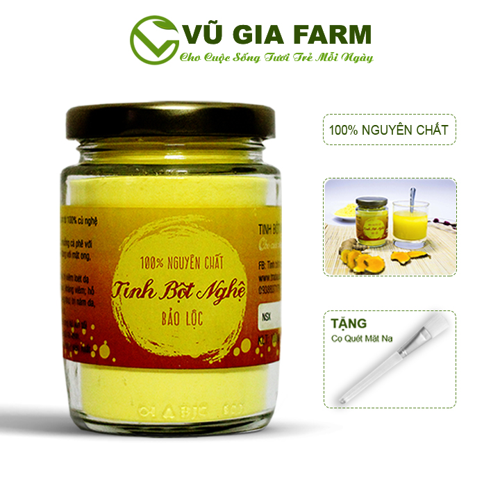 Tinh Bột Nghệ Nguyên Chất Vũ Gia 100gr + Tặng Cọ Quét/ 3 Mũ Trùm Tóc - đắp mặt dưỡng da, sạch mụn thâm nám, se khít lỗ chân lông, hỗ trợ bệnh viêm loét dạ dày - Đã được kiểm nghiệm y tế