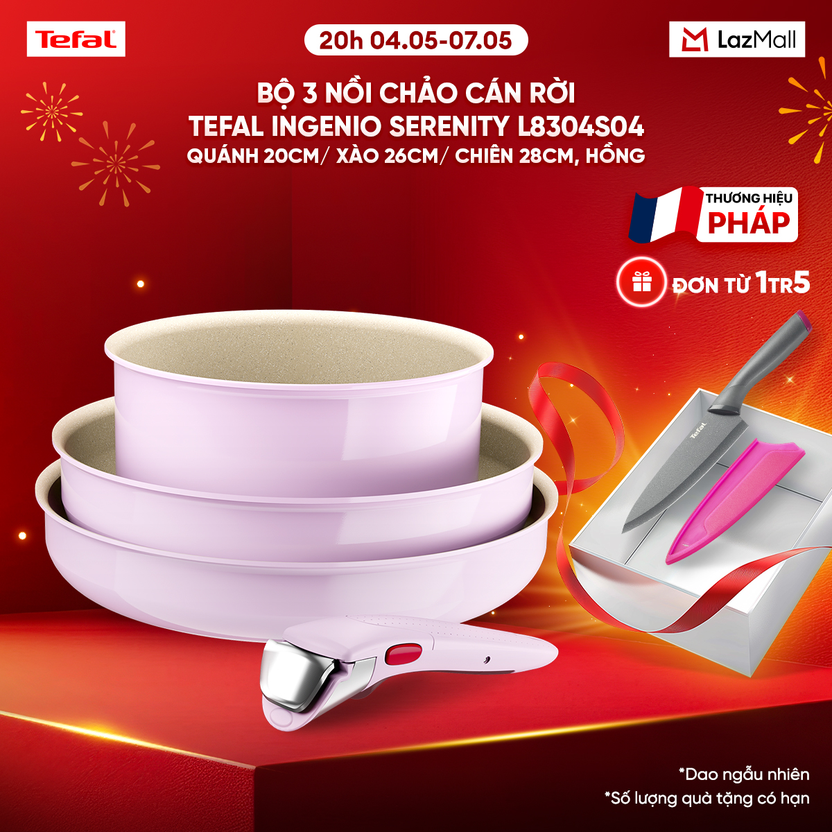 Bộ 3 nồi chảo cán rời Tefal Ingenio Serenity L8304S04, quánh 20cm/ xào 26cm/ chiên 28cm, hồng pastel