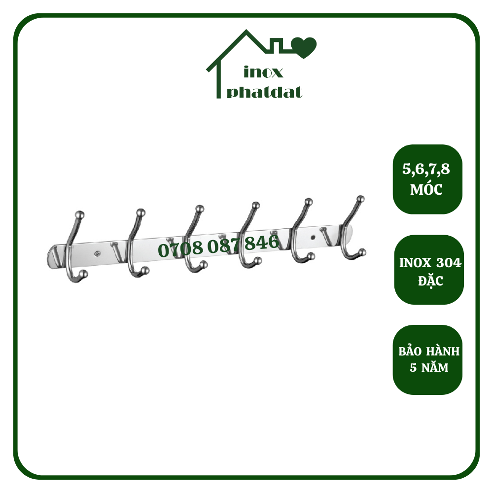 Móc treo đồ nhà tắm Inox 304 đặc PHÁT ĐẠT (5,6,7,8 móc) không rỉ sét, Móc áo inox 2 đầu bi, giá treo inox (SP015)