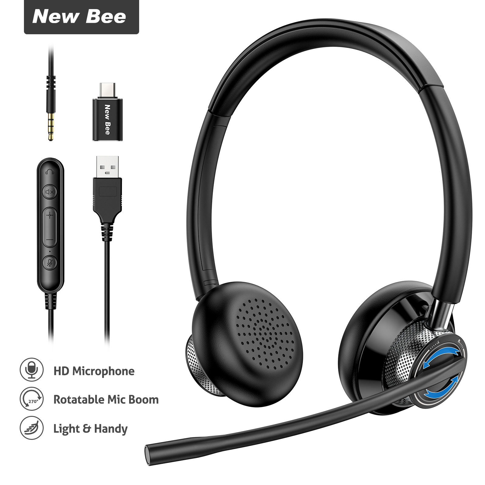 New Bee H361 Tai nghe USB với Micrô có thể xoay cho PC Tai nghe doanh nhân 3,5 mm có mic Tắt tiếng ồn cho Trung tâm cuộc gọi USB Headset Noise Cancelling