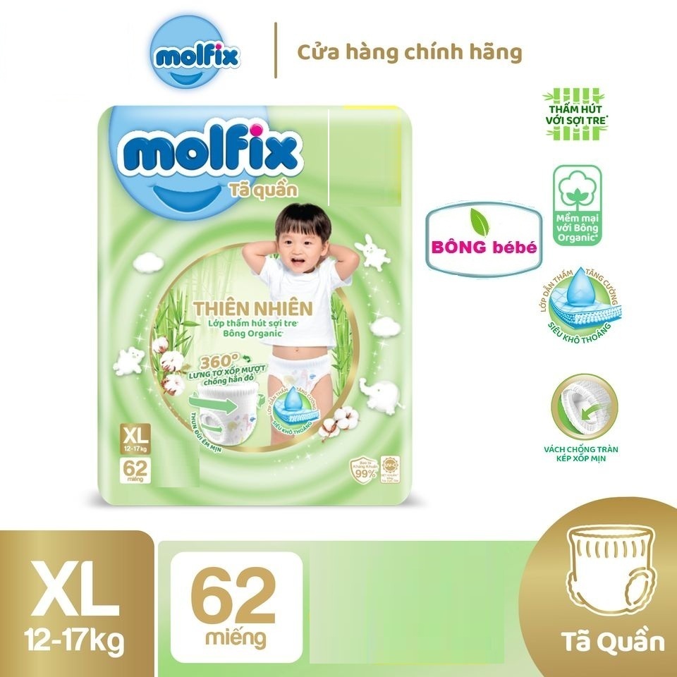  Bỉm Molfix bỉm quần thiên nhiên an toàn bông tự nhiên - Ultra XL  12kg-17kg  - Gói 62 miếng 