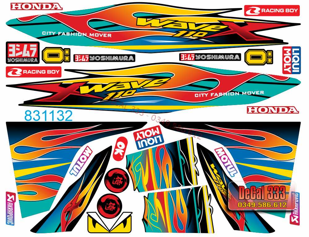 Tem Rời WAVE ALPHA 110 LỬA XANH LỤC ĐỎ VÀNG GP 831132 (Tem chế 3 lớp chống phai màu)