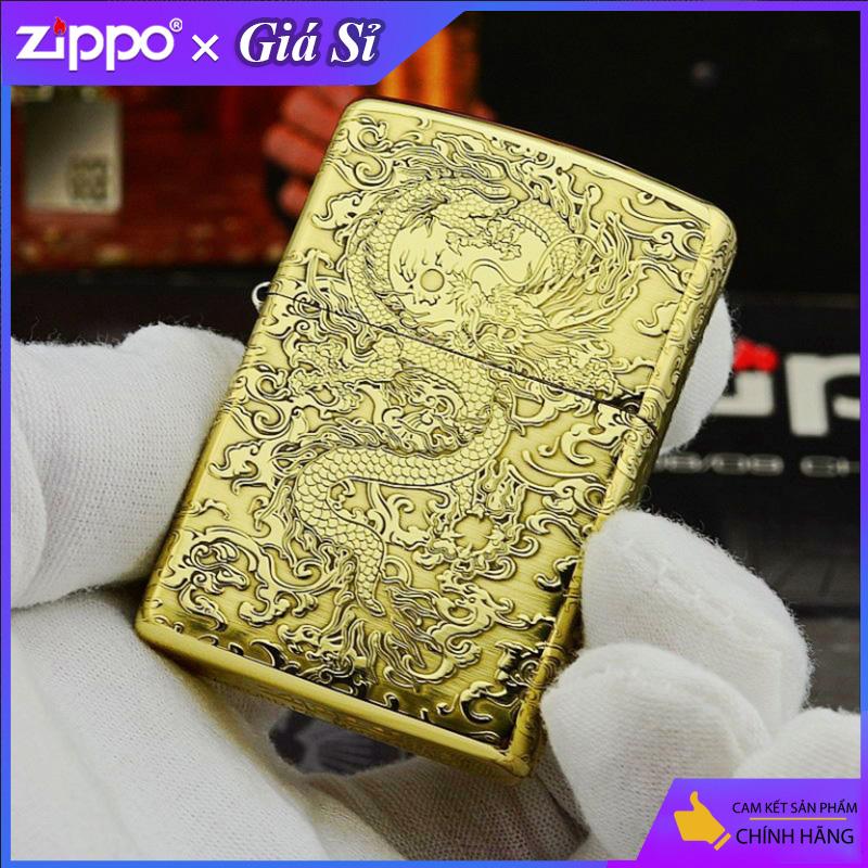 Bật lửa Zippo khắc Rồng May Mắn Tài Lộc bản tiêu chuẩn màu vàng bóng
