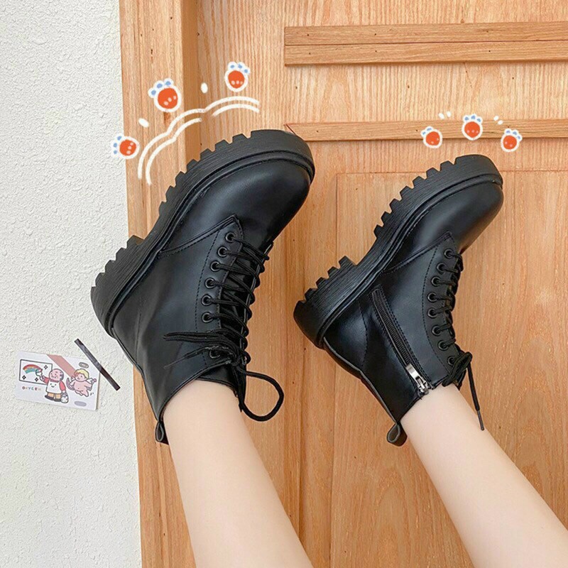 Bốt khóa ngang Ullzang , bốt nữ đế độn da PU Mềm Êm Ôm Chân