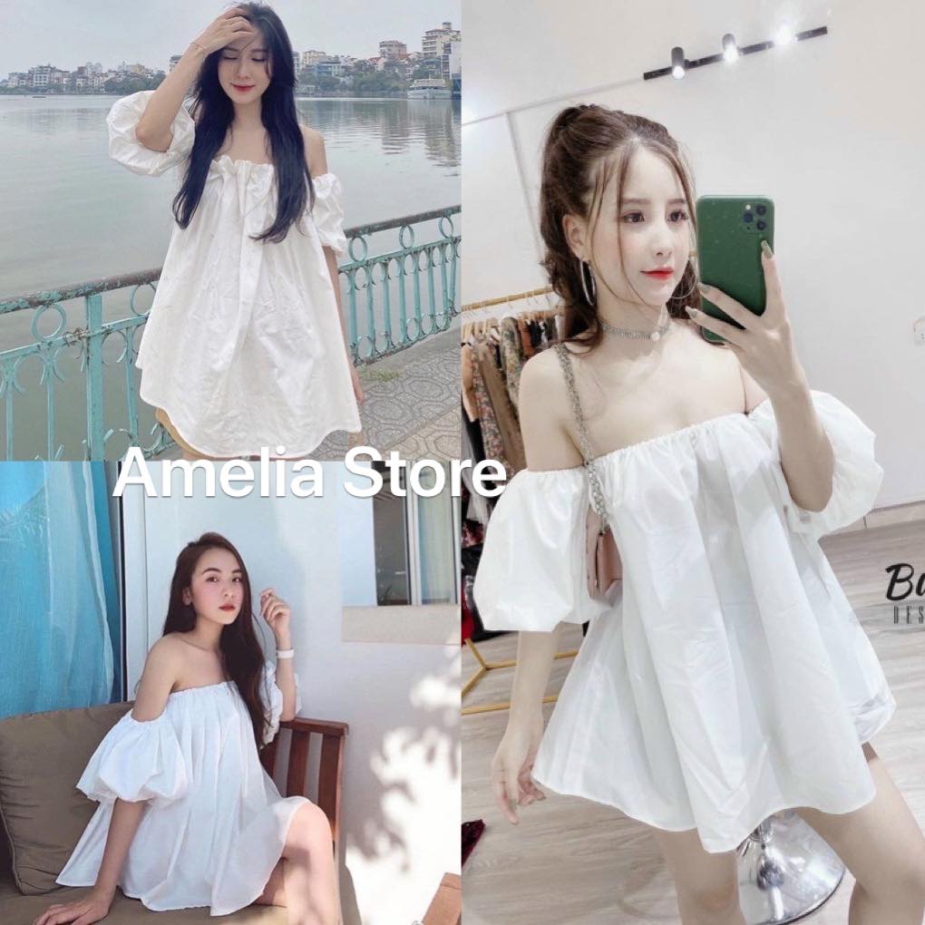 (ẢNH THẬT) Áo trễ vai, áo trễ vai tay bồng, đầm trễ vai, đầm trễ vai tay bồng chất thô mêm thời trang hàn quốc, AMELIA, áo nữ, áo nữ kiểu, đầm nữ, đầm nữ xòe, đầm trễ vai babydoll, đầm trắng