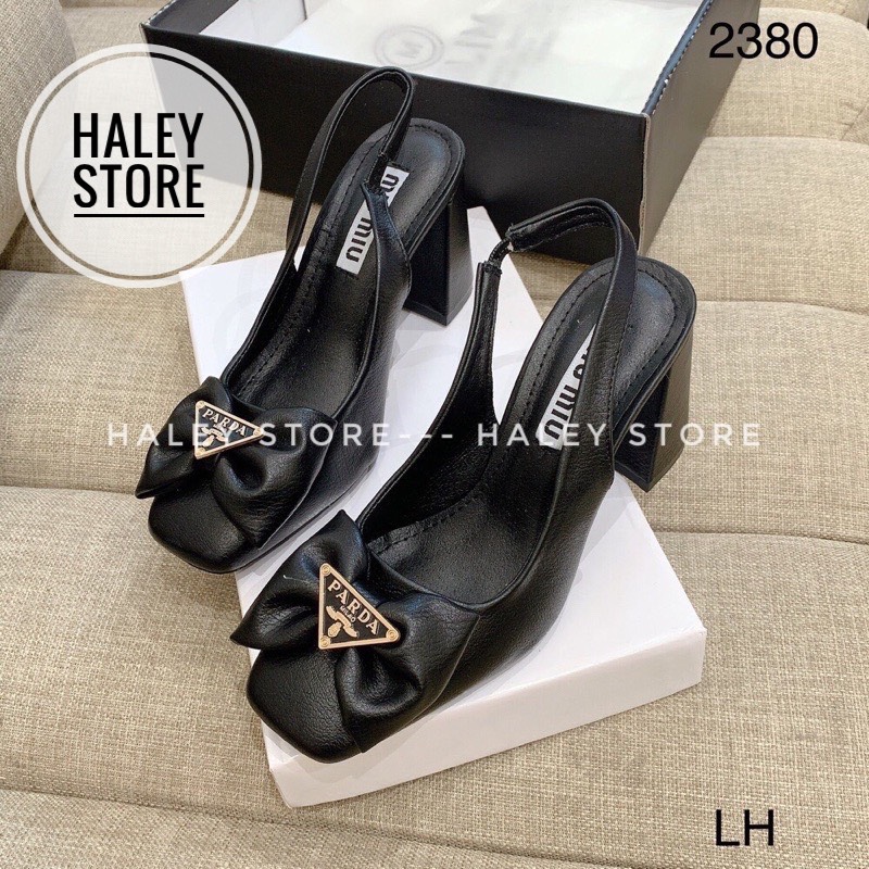 Giày cao gót 8cm bít mũi HALEY STORE sandal Prada nơ gót vuông tiểu thư cá tính sang trọng rẻ bền đẹp hot