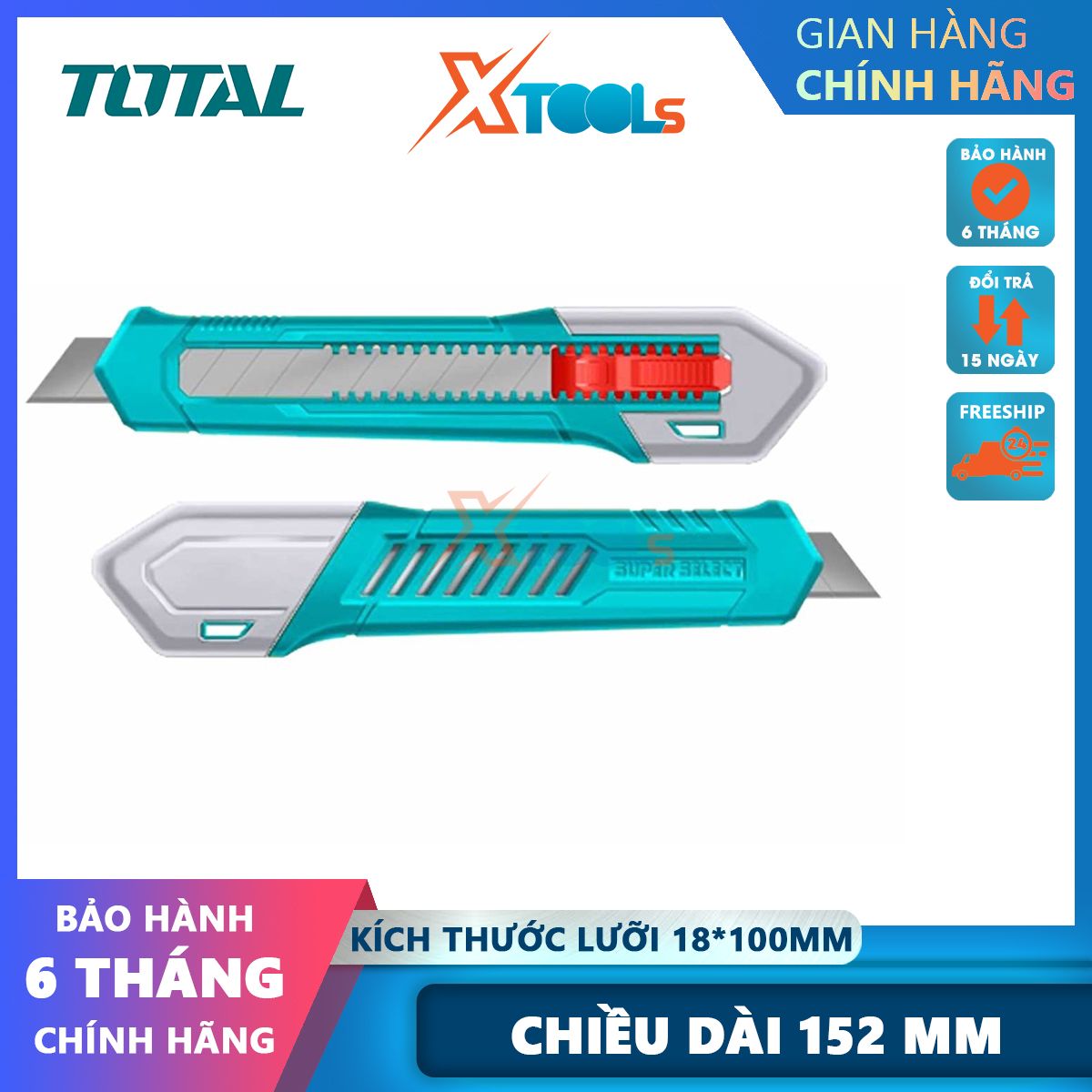 Dao rọc giấy TOTAL THT51001 kích thước lưỡi 18x100mm, dài 152mm, nút ấn dẹp, có thể thay thế lưỡi daoXTOOLs