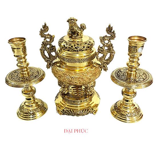 Đồ thờ Tam sự 3 món Hồng Hưng số 1 đỉnh tròn cao 32 cm màu vàng sáng bóng