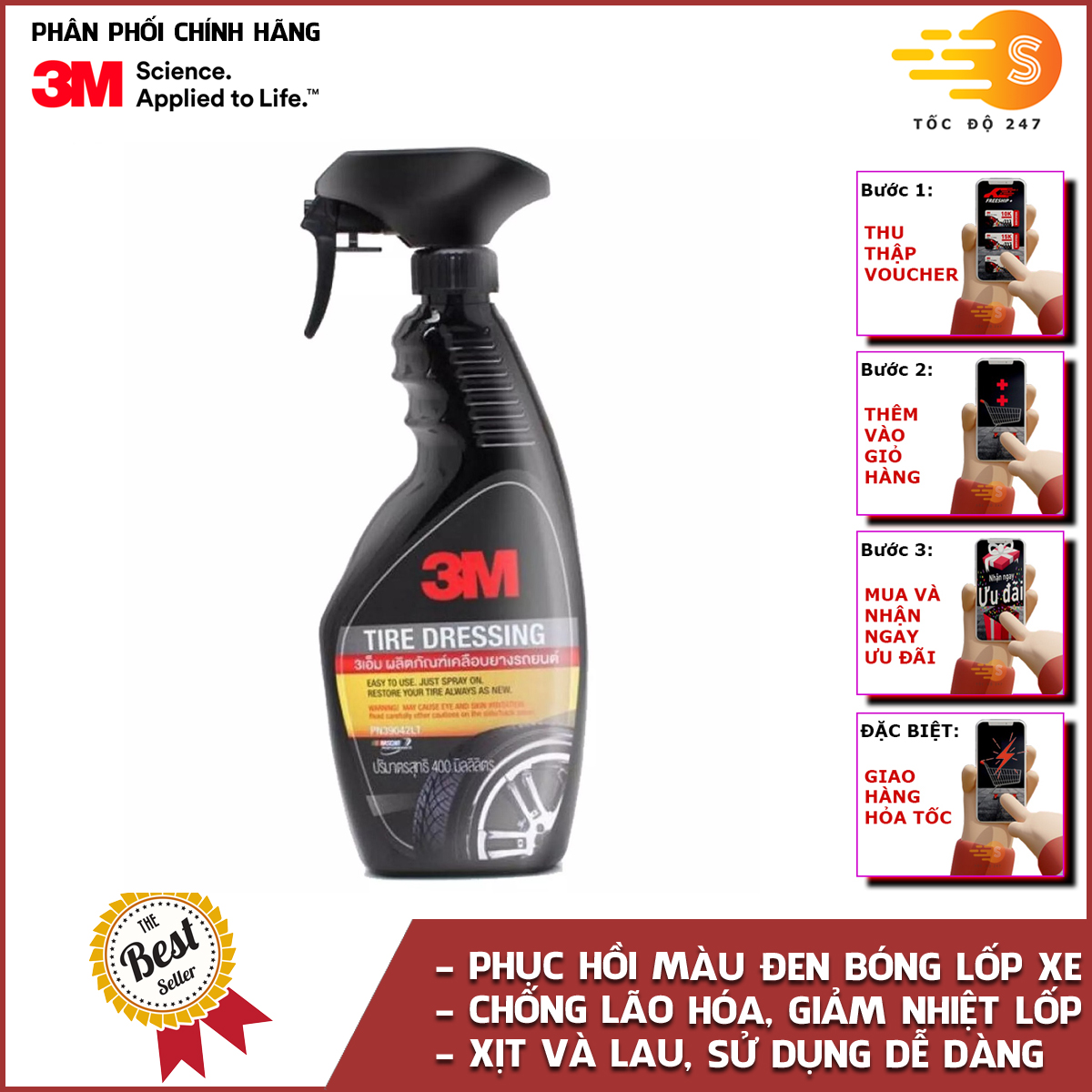 Chai xịt bảo dưỡng & phủ bóng lốp xe tire dressing 3m 39042lt 400ml - chăm sóc cao su & ngoại thất, dưỡng lốp