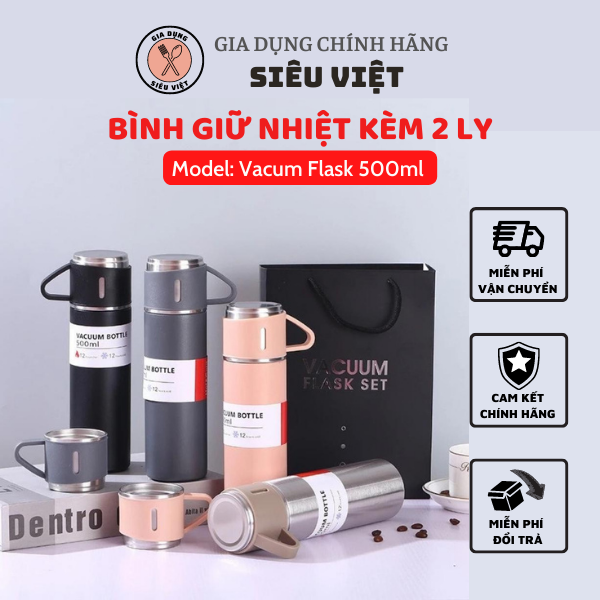 Bình giữ nhiệt - phích giữ nhiệt 500ml vacum flask - bình nước giữ nhiệt inox 304 kèm 2 ly