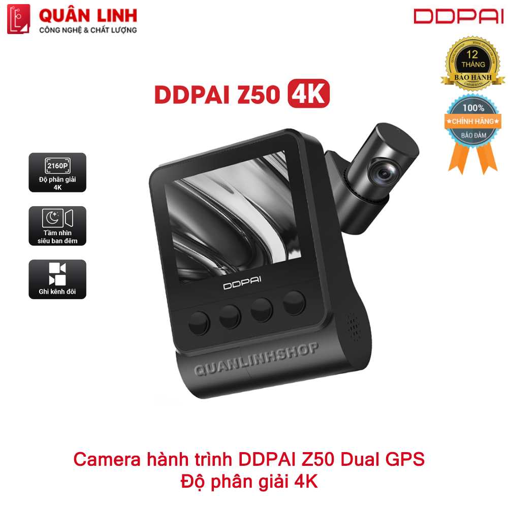 Camera hành trình DDPAI Z50 độ phân giải 4K, tích hợp GPS, kèm cam sau