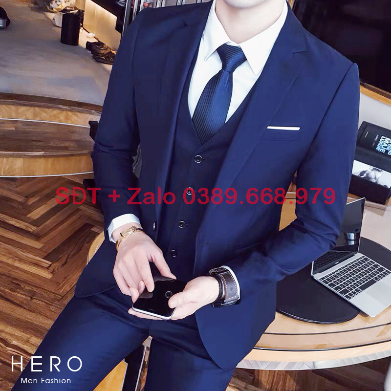 Bộ vest nam cao cấp màu xanh dương, Bộ Suit Nam Hàn Quốc Màu Xanh Lân