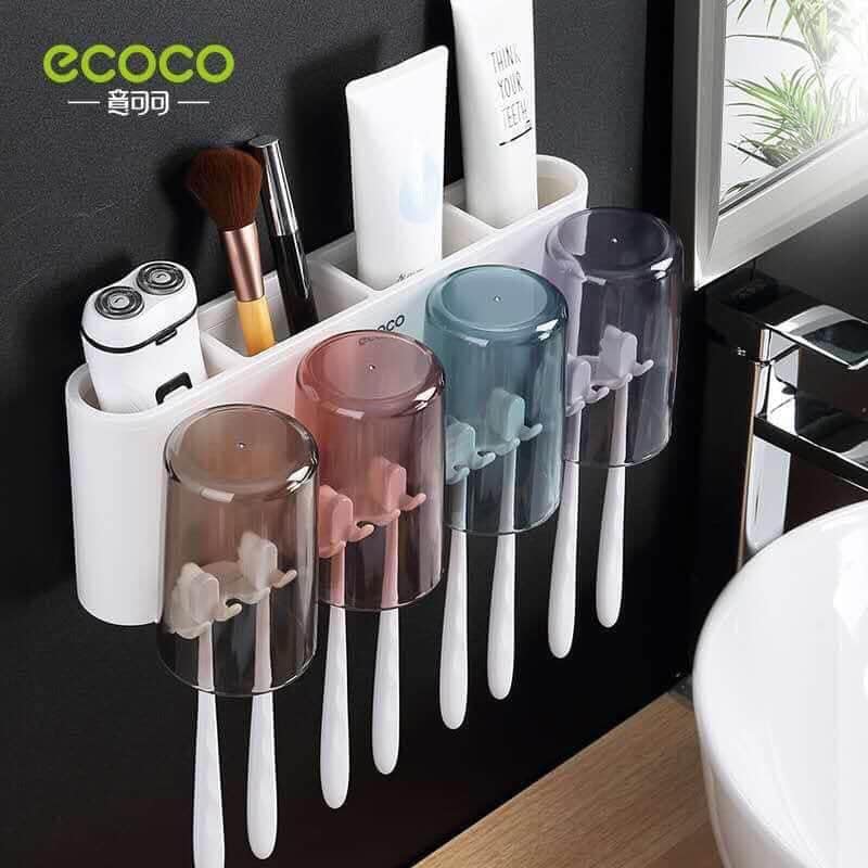 Kệ Để Bàn Chải Đánh Răng ECOCO 4 Cốc Trong Suốt - Kệ Để Đồ Gắn Tường Đa Năng Sắc Màu