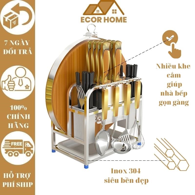 Kệ cài dao, cài thớt, cắm đũa inox 304 có khay hứng nước cao cấp ecor home