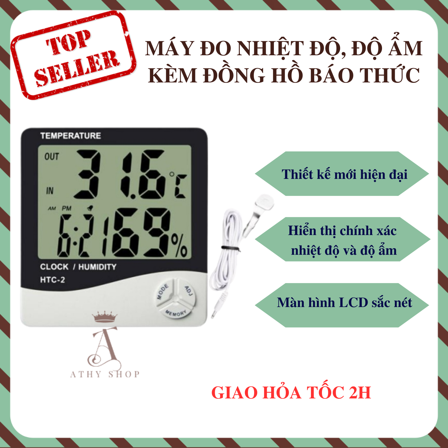 Đồng hồ hiển thị nhiệt độ độ ẩm kèm tính năng báo thức màn hình diện tử đo nhiệt độ phòng athy shop