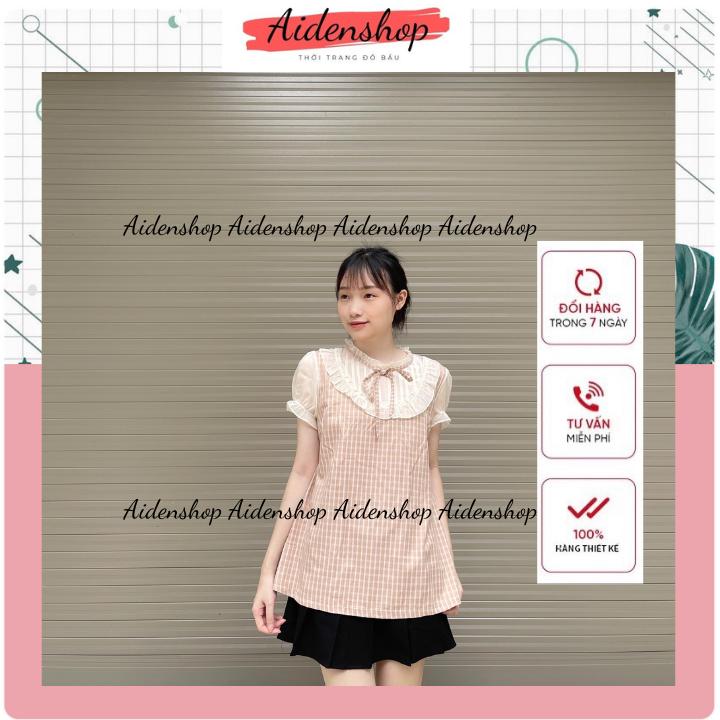 Áo bầu công sở thời trang suông đẹp kẻ sọc caro cổ nơ freesize