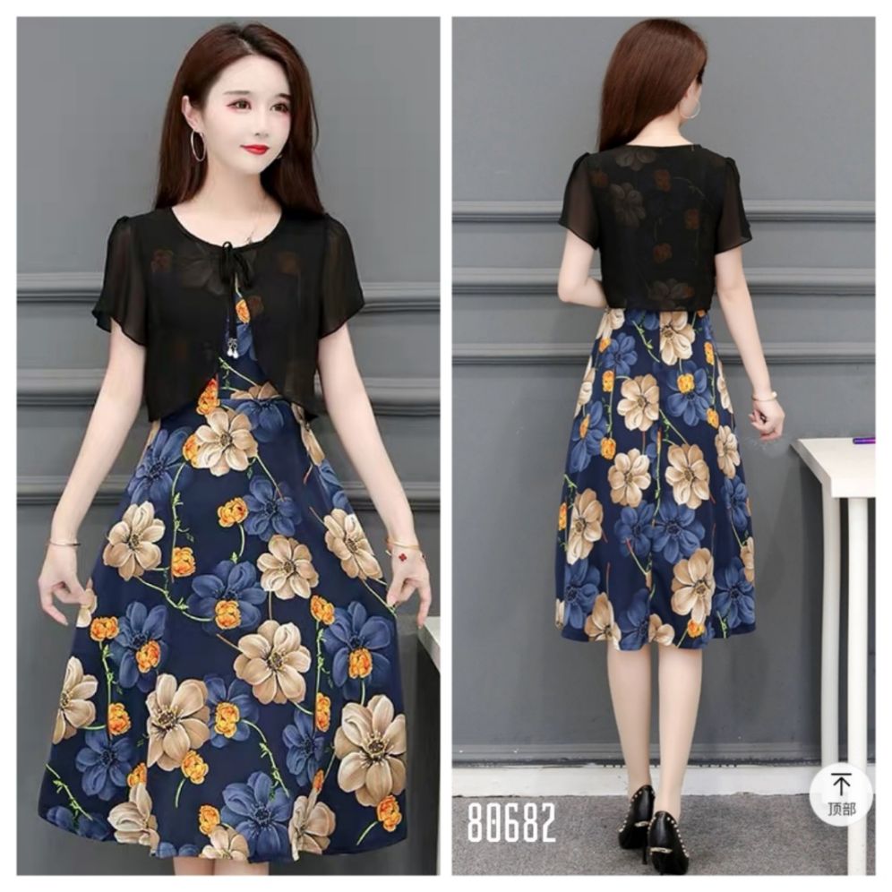 Đầm xòe in hoa 3d kèm áo khoác rời