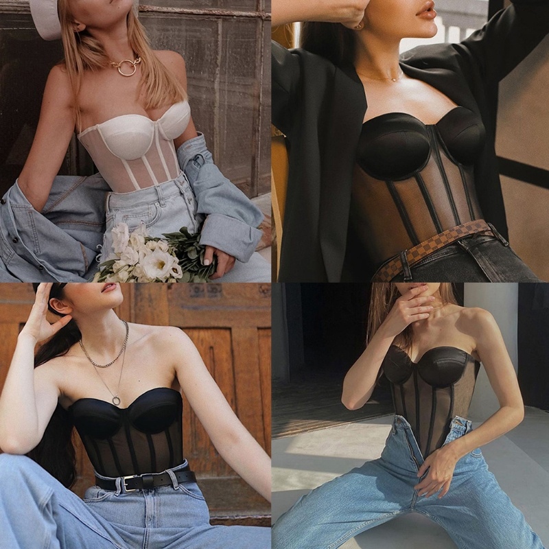 Áo corset cúp ngực phối lưới lưng cột dây gợi cảm cho nữ