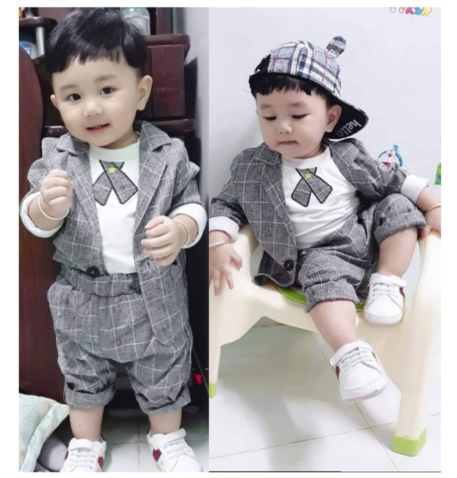 Vest bé trai - vest kẻ karo cho bé trai 6-17kg - màu kẻ ghi - vest bé trai, bộ cho bé, vest thu đông, quần áo dài tay, set bộ vest