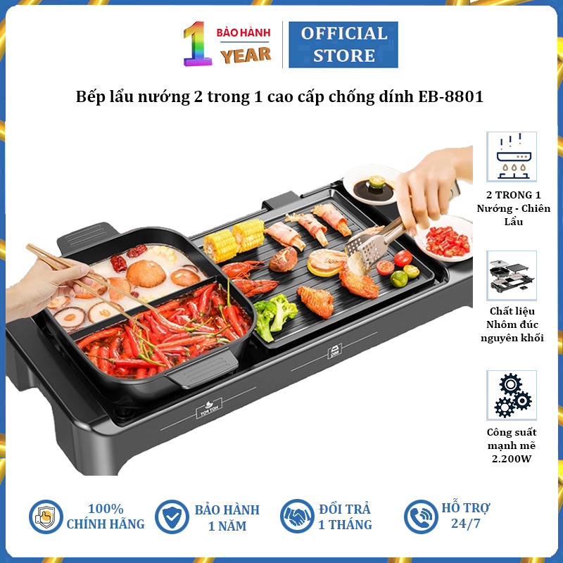Bếp lẩu nướng điện đa năng 2 trong 1 cao cấp chống dính eb-8801 - chất liệu: nhôm đúc nguyên khối + nhựa abs - công suất: 1100-2200w - kích thước: 68x26cm