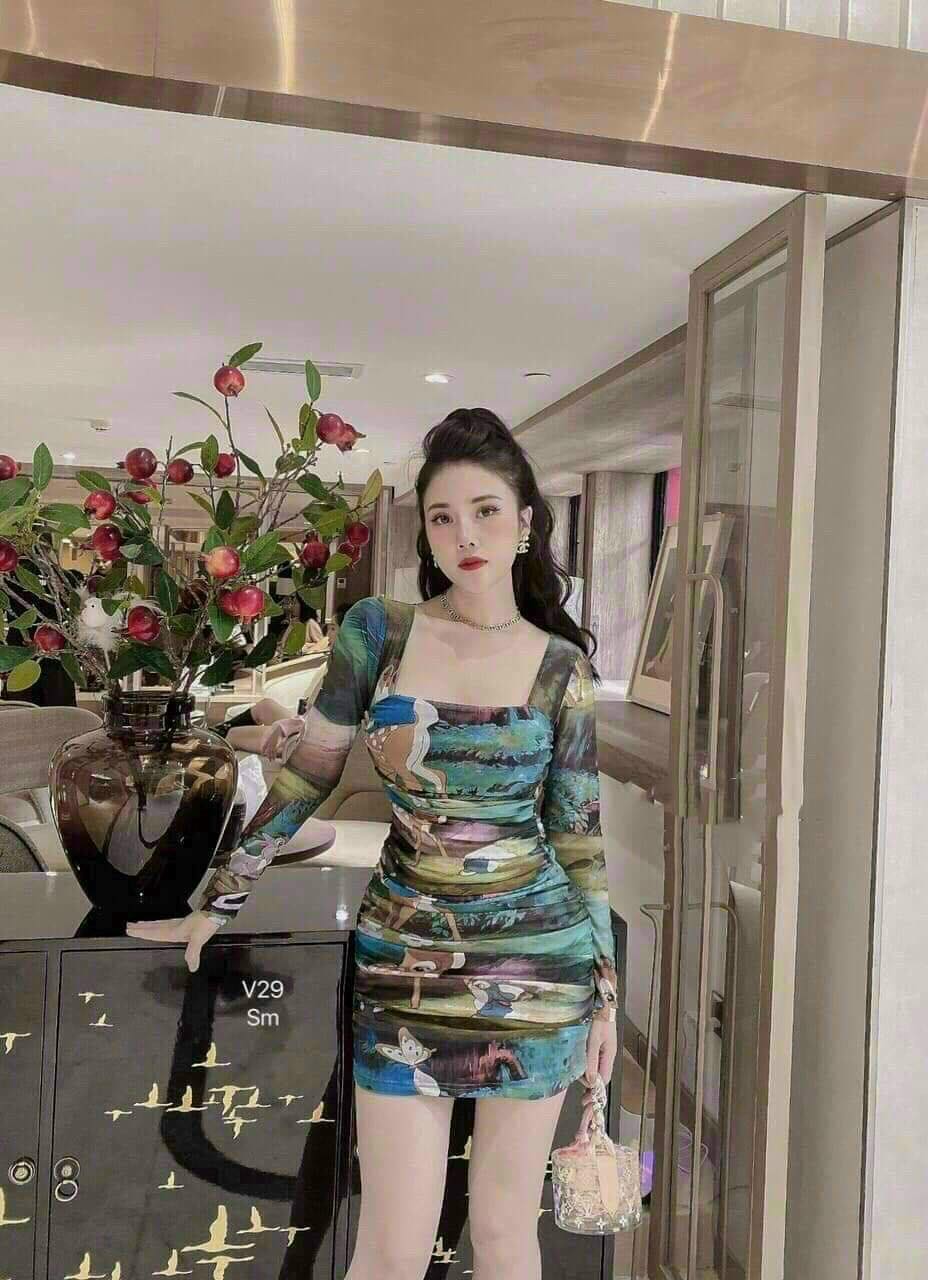 Đầm ôm body cổ vuông in họa tiết 3D cực hot