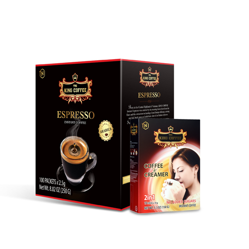 Combo 1 Hộp Cà Phê Đen Hòa Tan Espresso KING COFFEE - Hộp 100 gói x 2.5g + Tặng 1 Hộp Cà Phê Hòa Tan 2IN1 Cà phê và bột kem không sữa KING COFFEE - Hộp 15 gói x 10g