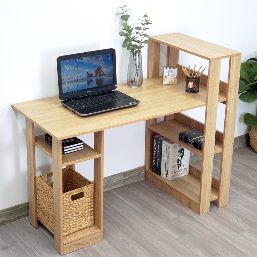 Bàn làm việc chữ L kèm kệ sách, Bàn học Phối kệ hình chữ L đa năng