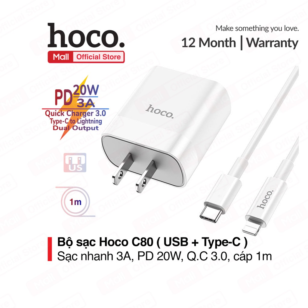 Sạc nhanh 20w hoco c80/c80a, hỗ trợ sạc nhanh pd20w, qc 3.0 dành cho ip