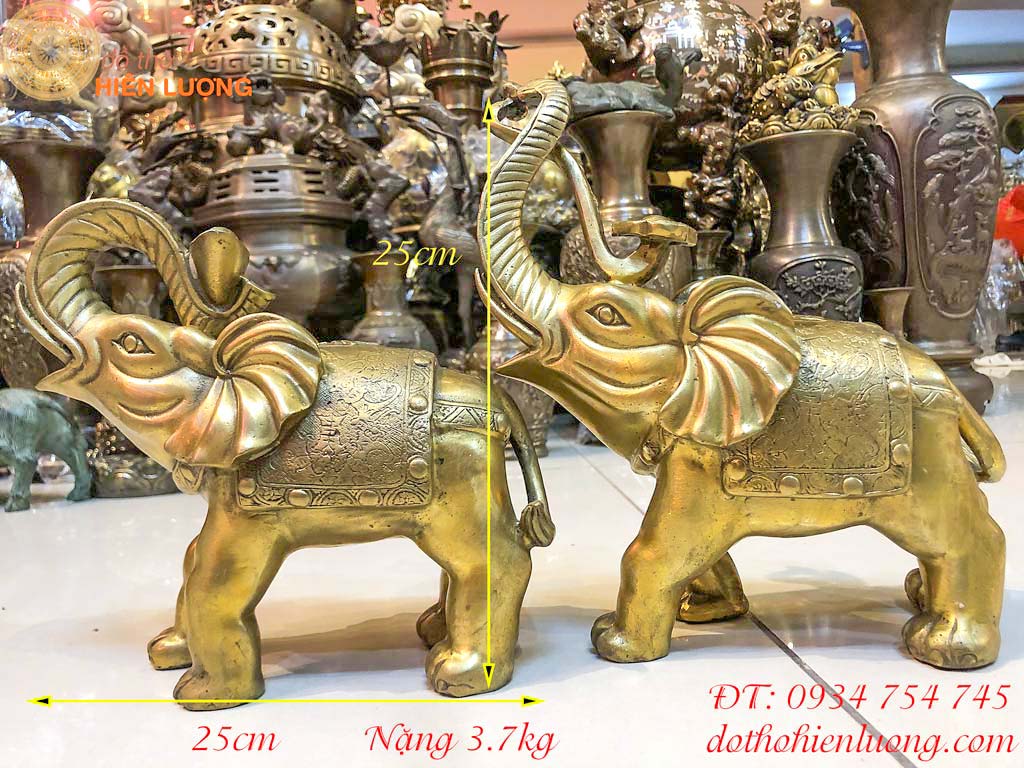 Đôi tượng voi bằng đồng phong thủy, ngang 2cm, cao 25cm nặng 3.7kg/đôi