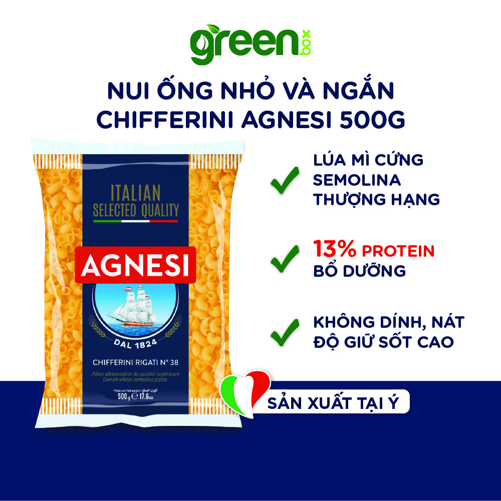 Nui ống cao cấp nhỏ và ngắn Chifferini Rigati Agnesi Ý 500g nấu ngon với sốt mì ý bò bằm Bolognese, nui cho bé