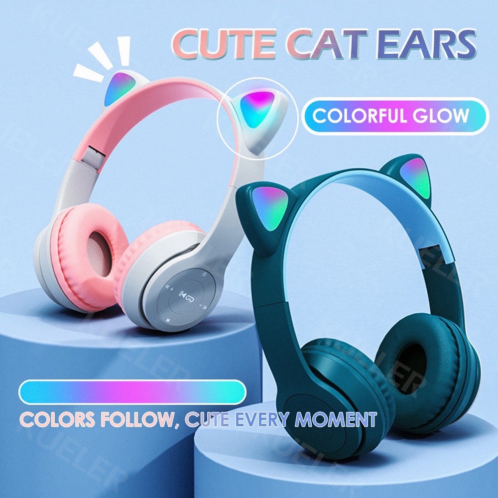 Tai nghe Bluetooth P47M Tai nghe gắn tai mèo dễ thương Phát sáng đèn đầy màu sắc Tai nghe LED có thẻ có thể gập lại,Âm Thanh hay ,AK Moblie