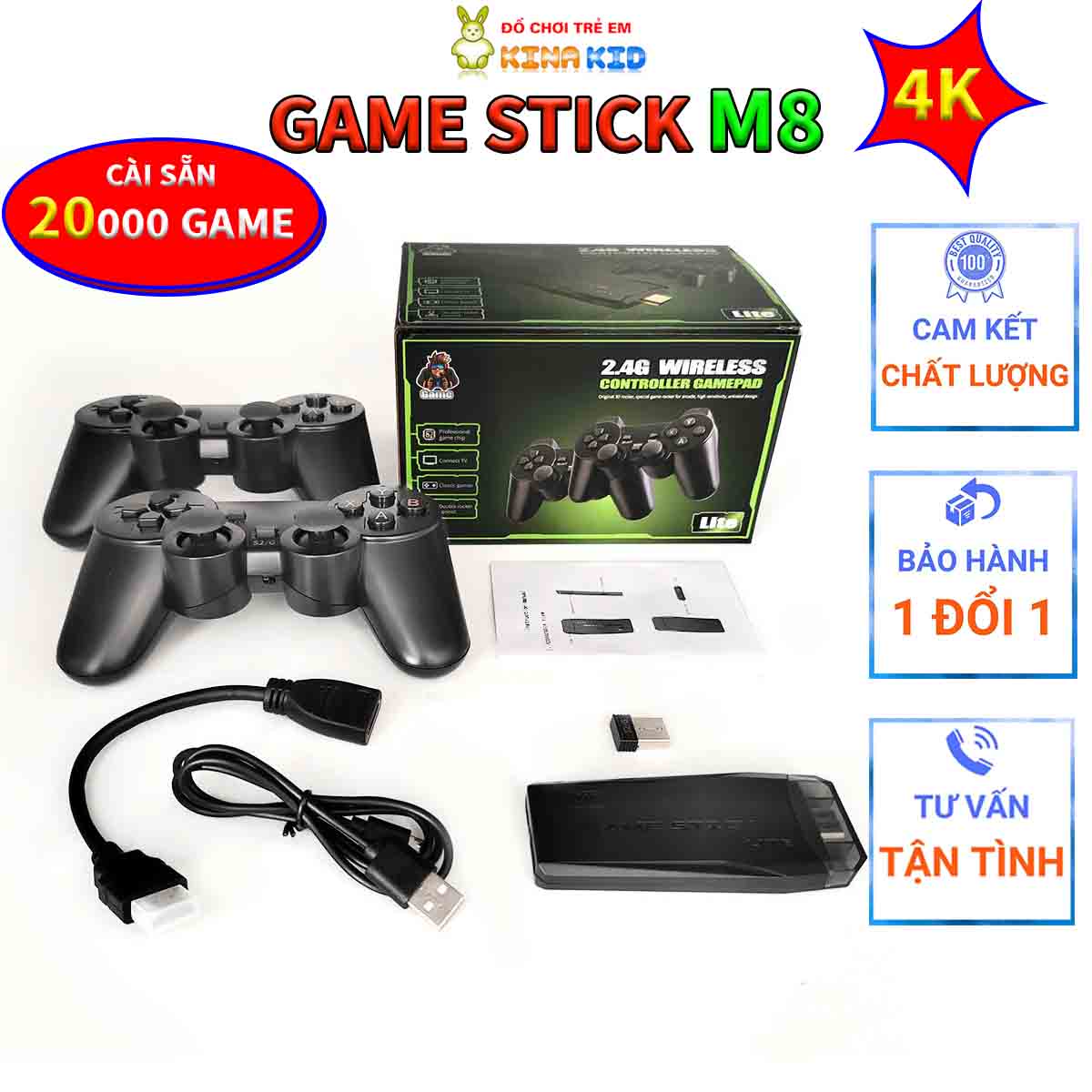 Máy Chơi Game Stick 4K M8, Tay Cầm Không Dây 2.4G, Kết Nối Tivi, Cổng HDMI, Cài Sẵn 10028 Trò Chơi