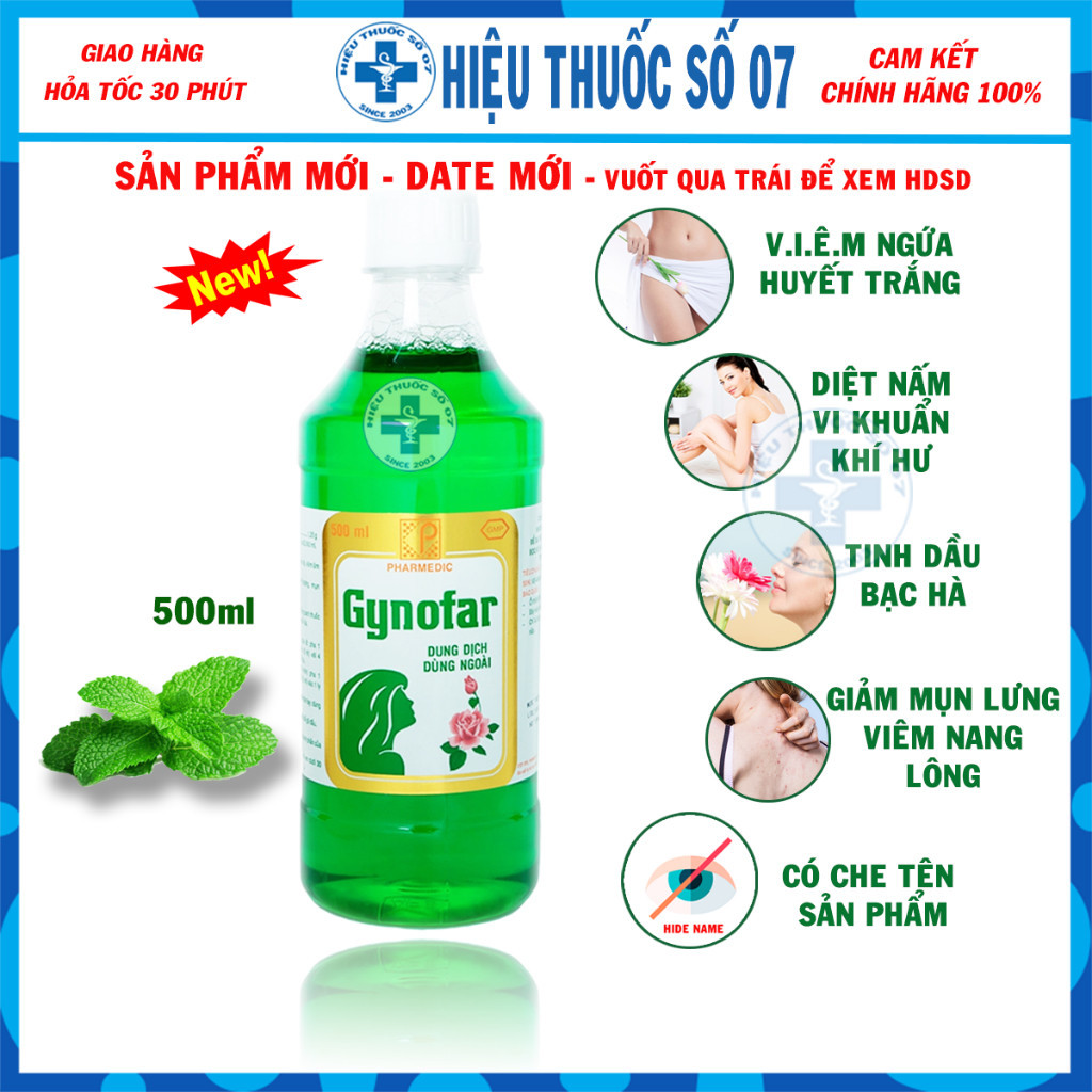 Dung dịch vệ sinh phụ nữ Gynofar chống ngứa v.i.ê.m âm đạo, huyết trắng, sát trùng vết thương, mụn lưng, rôm sảy, chống gàu chai 90ml/250m/500ml (Có che tên sản phẩm - Hàng chính hãng - Date mới)