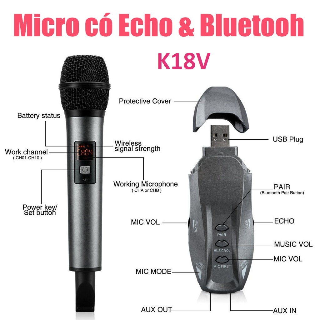 Micro không dây chuyên dụng cho loa di động,ôtô,loa kéo,amply - micro karaoke không dây excelvan k18v – micro không dây nhỏ gọn,ổn định.dễ dàng kết nối bluetooth như tivi,smartphone,laptop có bluetooth trong khoảng cách kết nối tới 10m.