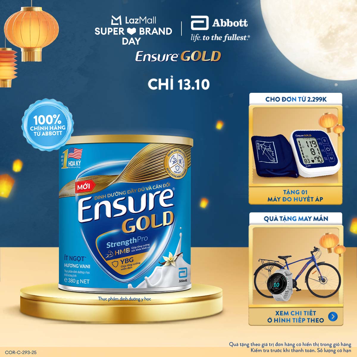 (CHỈ 13-15.10 QUÀ TẶNG CHO ĐH 2299K-SLCH) Lon sữa bột Ensure Gold hương vani ít ngọt 380g