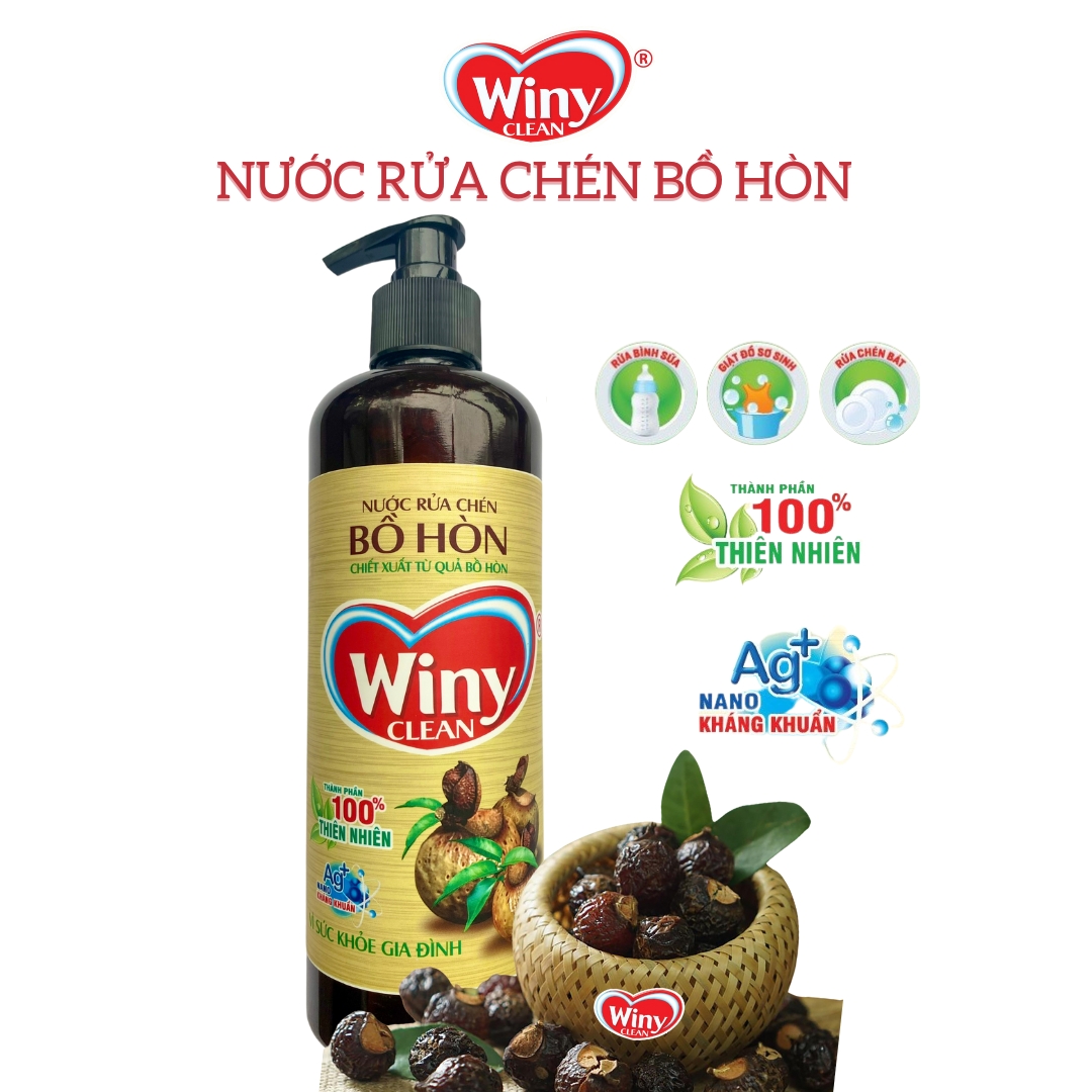 Nước rửa chén Winy Clean. NRC hữu cơ chiết xuất từ trái bồ hòn 100% thiên nhiên, Nước tẩy rửa đa năng, giữ ẩm da tay, bảo vệ sức khoẻ gia đình