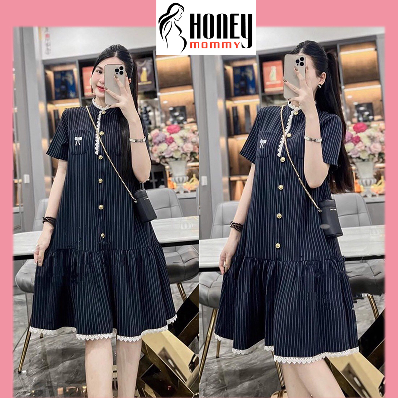 Đầm Bầu Váy Bầu Mùa Hè Tay Cộc Dáng Xuông Cổ Ren Thêu Nơ Xinh Xắn Mặc Đi Làm Đi Chơi HD3040 Honey Mommy