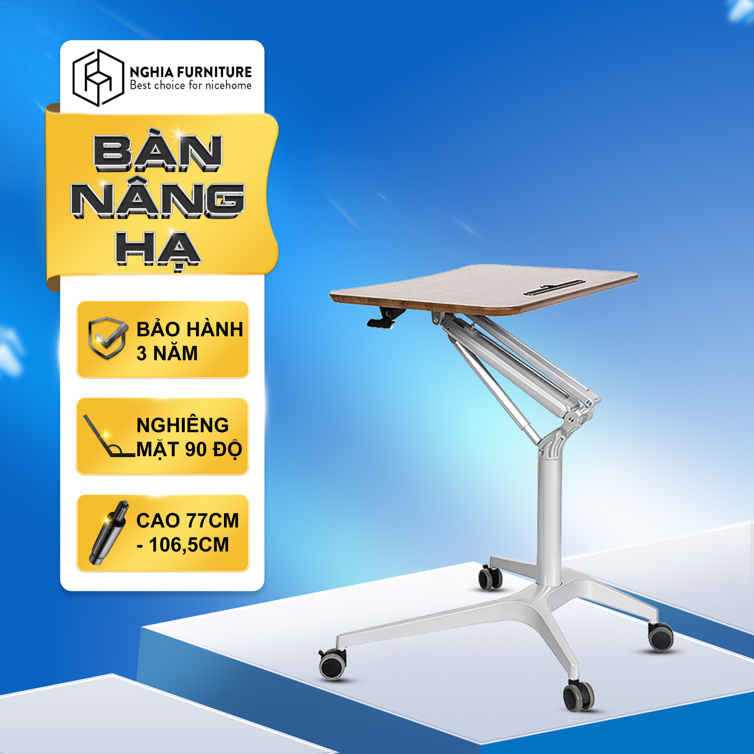 Bàn làm việc gấp gọn Nghia Furniture - Nâng hạ và nghiêng mặt bàn di động thông minh - Bàn đứng làm việc văn phòng