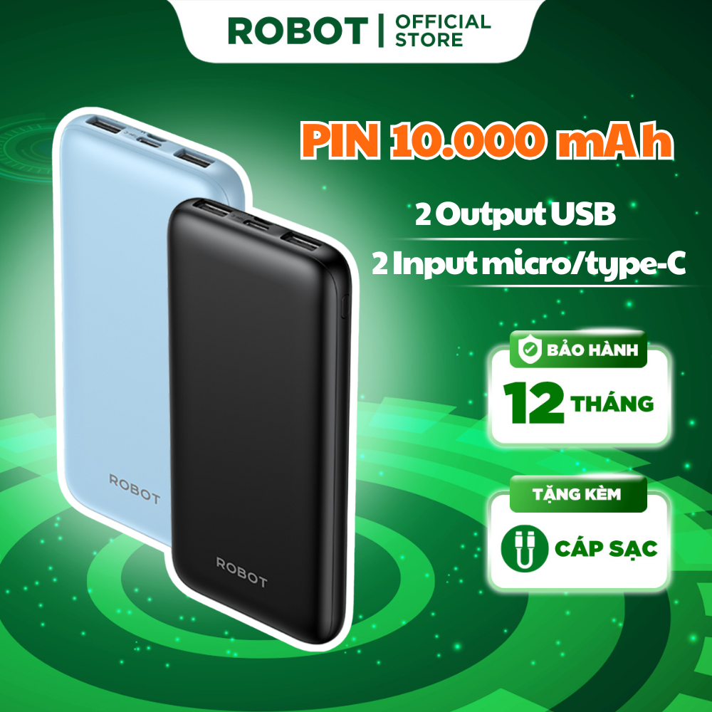 Pin Dự Phòng Robot Phiên Bản Nâng Cấp RT12 Dung Lượng Cao 10000 MAH Cục Sạc Nhỏ Gọn 2 Cổng Sạc Vào Micro/ TypeC & 2 Cổng Sạc Ra USB