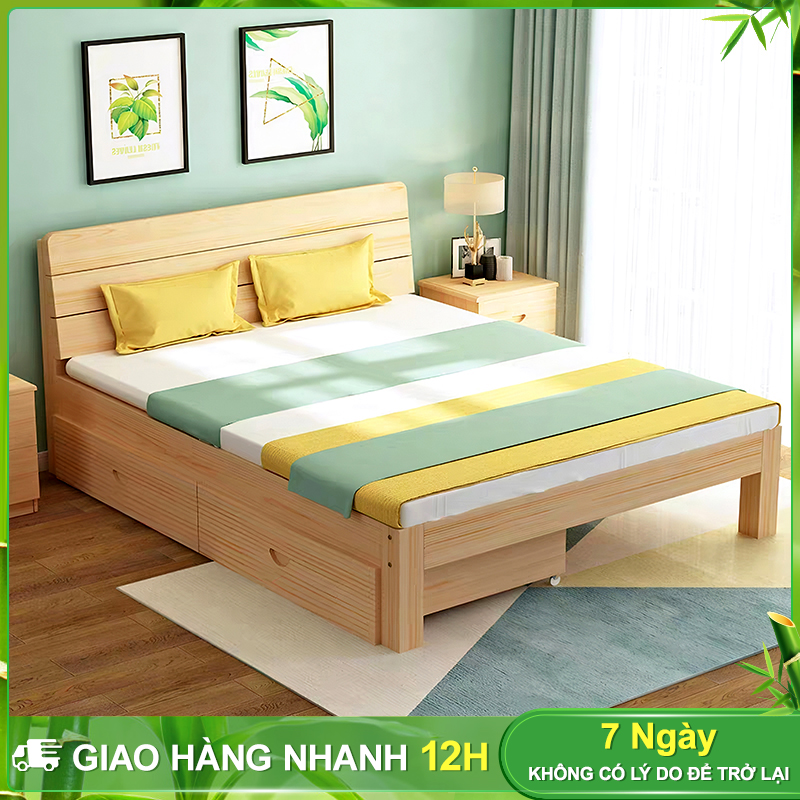 BOHO Giường ngủ gỗ thông tự nhiên bền đẹp nhiều kích thước Giường ngủ gỗ cn MDF Phong Cách Hiện Đại
