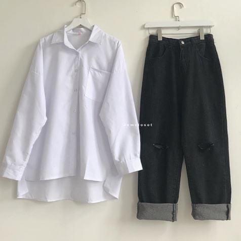 Set baggy jeans ống suông xám rách gối + sơ mi tay dài 1 túi