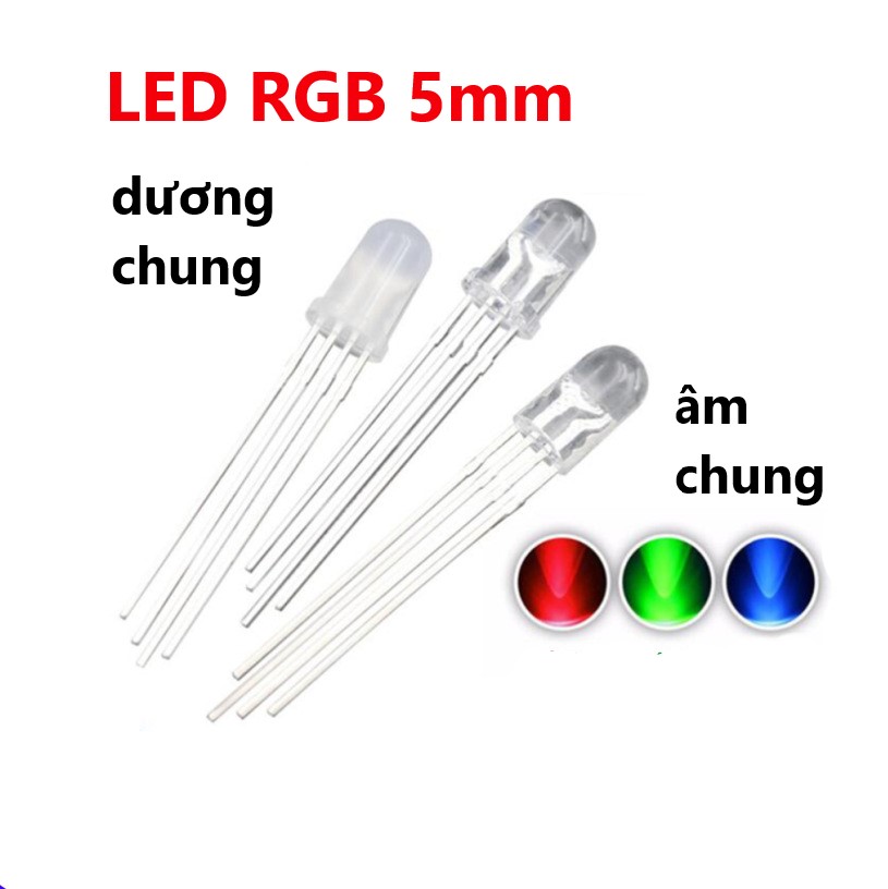 Led RGB siêu sáng, đục 5mm 4 chân 3 màu đỏ, xanh lá, xanh dương âm chung, dương chung