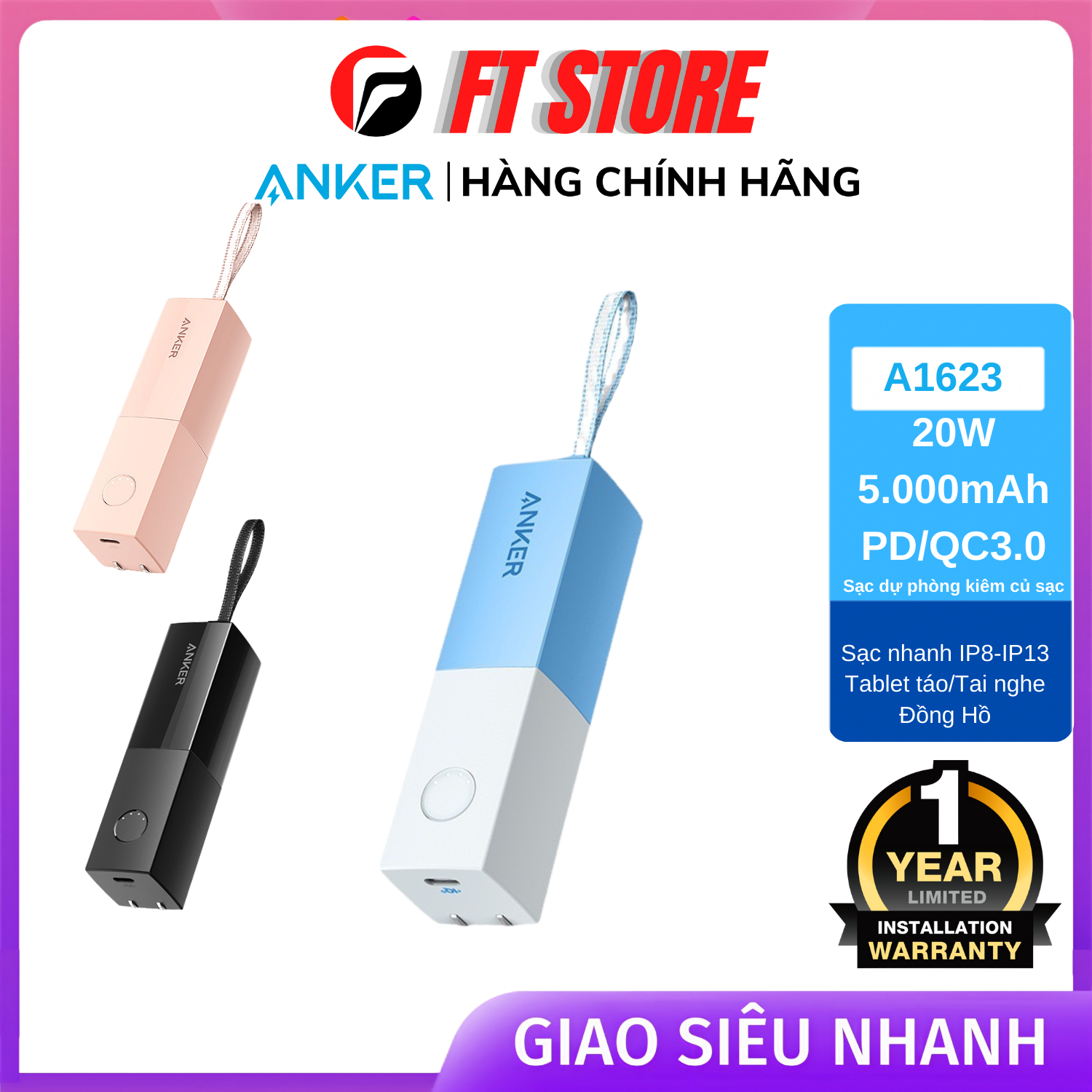 Pin sạc pự phòng kiêm củ sạc nhanh anker a1633 20w/5000mah pd/qc3.0 bh12t
