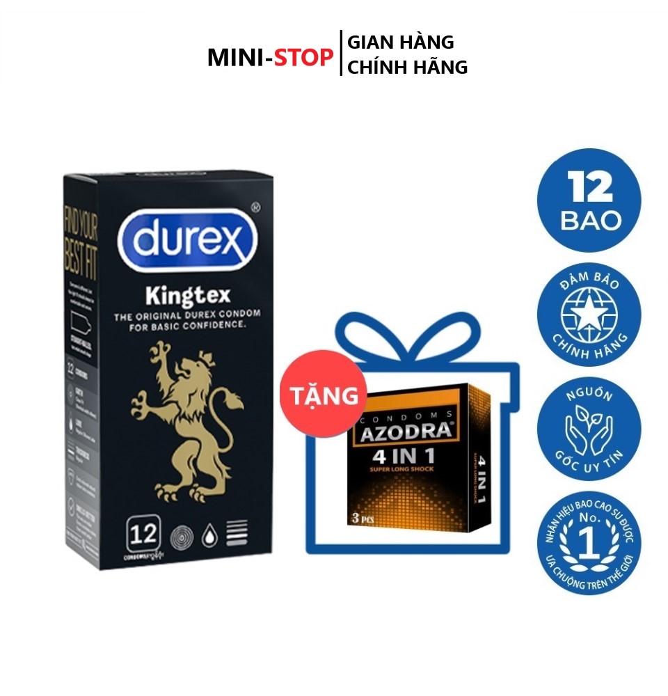 Bộ 1 hộp Bao cao su Durex Kingtex size nhỏ 49mm hộp 12S không lo tuột bao tặng 1 hộp Bao cao su AZODRA 3 chiếc